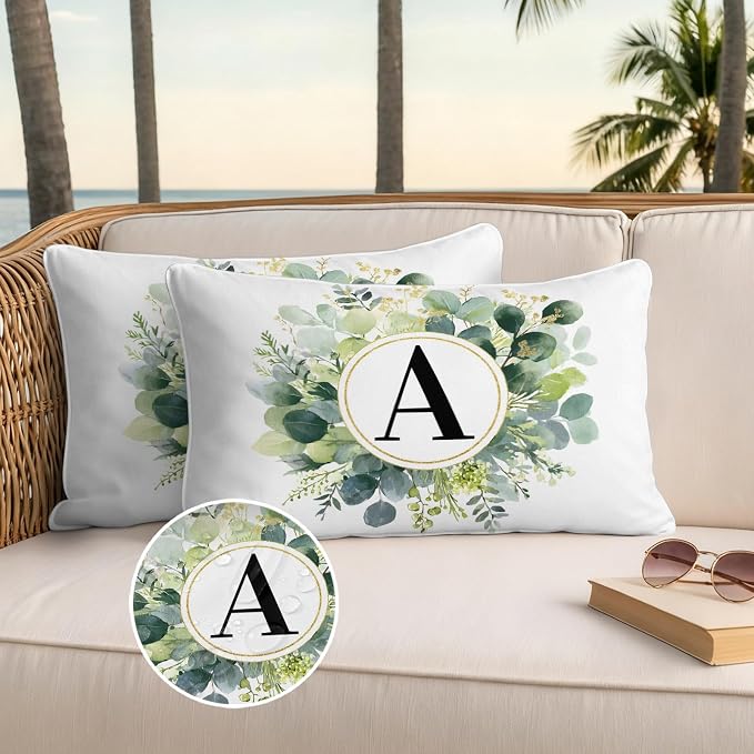Letter A Waterproof Outdoor Pillow Covers Set of 2 Home Decor, Alphabet Green Eucalyptus Leaves Lumbar Pillowcase Patio Pillow Covers for Couch Bench Patio Furniture Garden 20x12in