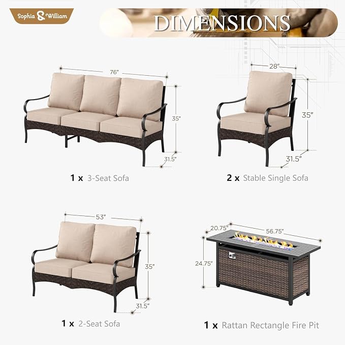 Sophia & William Patio Furniture Set with Fire Pit Table, 5 PCS Metal Outdoor Conversation Set with Fire Pit Table, 2 Sofa Chairs,1 Loveseat, 3-Seater Couch for Outdoor Seating, Backyard, Porch(Beige)