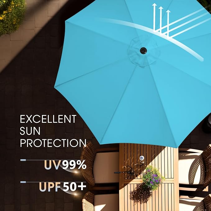 wikiwiki 11FT Patio Umbrella with Base, Outdoor Umbrellas with Base Included, 8 Sturdy Ribs, Waterproof Fade Resistant POLYESTER DTY Canopy for Deck, Lawn, Garden, Backyard & Pool, Sky Blue