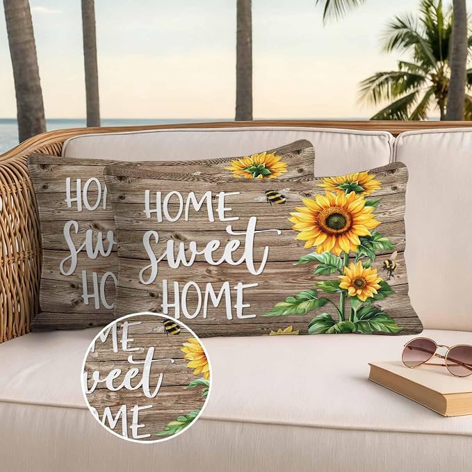 Lumbar Pillow Covers 20x12 Inch Set of 2, Sunflower Brown Waterproof Outdoor Pillow Covers, Farmhouse Bee Country Wooden Grain Decorative Cushion Pillowcases for Couch, Sofa, Bed, Garden, Patio