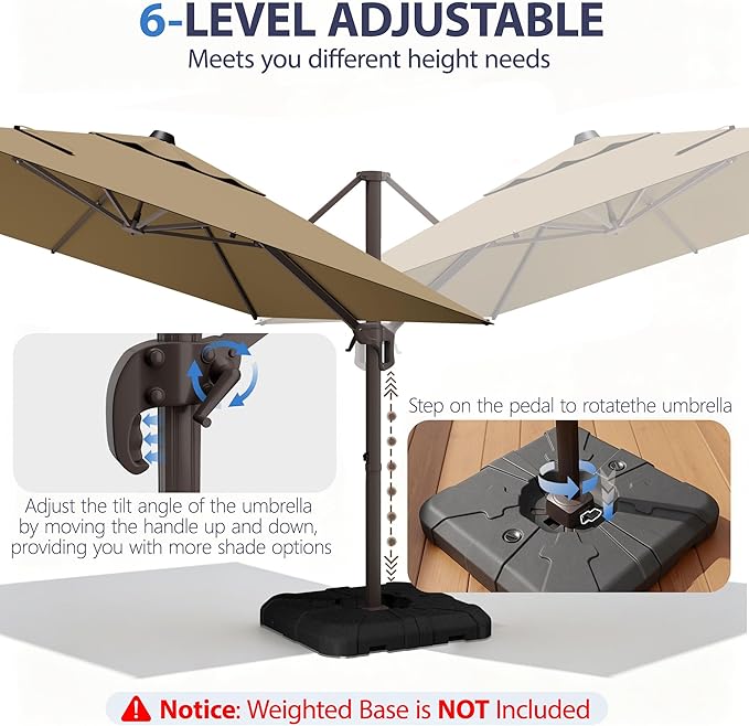 10' X 10' Patio Umbrella Cantilever Outdoor Rectangle Umbrella, Heavy Duty 360°Rotation Offset Umbrella for Garden Deck Pool Patio, Brown