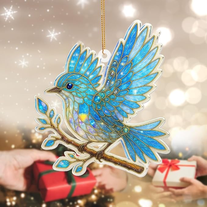 Blue Bird Stained Glass Ornament Acrylic Window Hanging Suncatcher – Bird Lover Gifts, Wildlife Animal Decor for Christmas Tree, Rearview Mirror, Garden, Home Accessories, Unique Gifts for WomenSun-17
