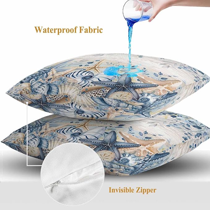 Marine Life Outdoor Waterproof Throw Pillow Covers Set of 2, 24"x24", Watercolor Blue Beige Starfish Shell Leaves Wood Decorative Pillow Covers Outside Cushion Case for Patio Porch Garden