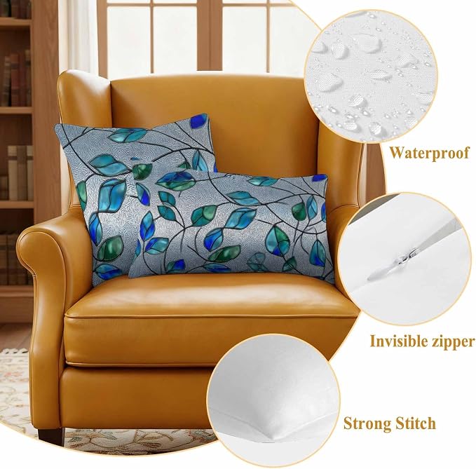Glass Leaves Outdoor Waterproof Pillow Covers Set of 2, Abstract Blue Green Ombre Leaf Glass Splicing Pillowcase Decorative Throw Cushion Cases for Patio Garden Couch 20 x 20 Inches