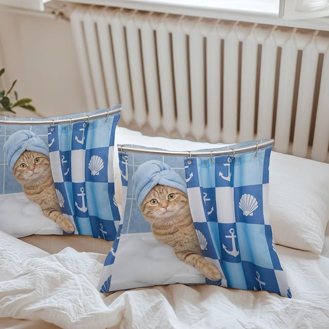 Bathing Cat Waterproof Outdoor Pillow Covers Set of 2 Home Decor, Funny Animal Showering Pillowcase Patio Pillow Covers for Couch Bench Patio Furniture Garden 26x26in