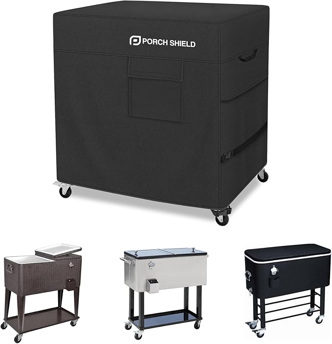 Porch Shield Waterproof Rolling 80-100 Qt Cooler Cart Cover Fits Most Patio Ice Chest Party Cooler (Black, 36"L x 20"W x 32"H)