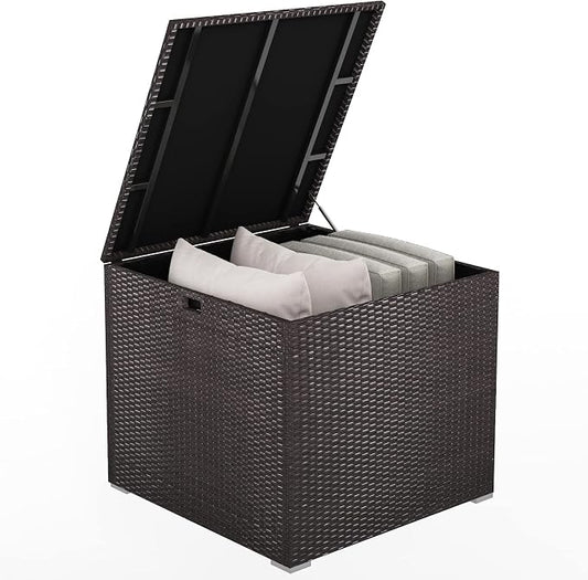 HAPPYGRILL Outdoor Storage Deck Box, 72 Gallon Square Wicker Patio Rattan Storage Container with Zippered Liner & Safe Pneumatic Rod, Outdoor Wicker Deck Box for Garden Tools Cushions