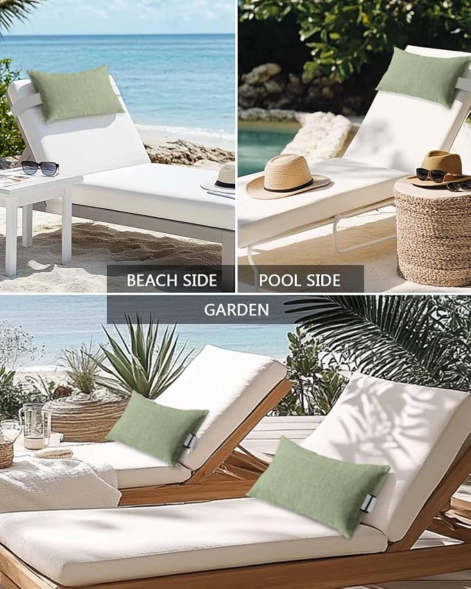 4 Pack 11x16 Chaise Lounge Outdoor Pillows Covers Waterproof, Pastoral Vintage Farmhouse Adjustable Headrest Pillowcase, Sage Green Linen Bottom Decorative Neck Pillow for Recliner Office Chair