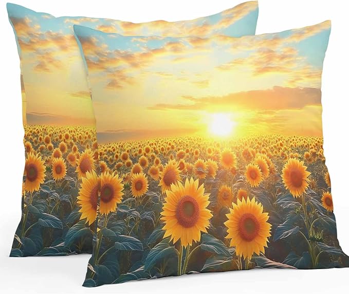 Summer Sunflower Waterproof Outdoor Pillow Covers Set of 2 Home Decor, Watercolor Pastoral Botanical Floral Pillowcase Patio Pillow Covers for Couch Bench Furniture Garden 26x26in