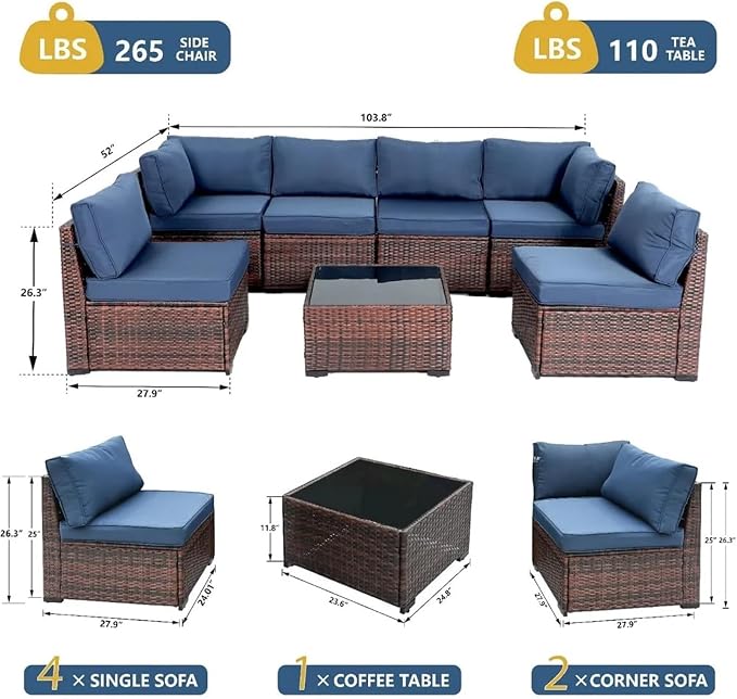 7 Pieces Patio Conversation Sets, All Weather Outdoor Sectional Patio Sofa, Manual Weaving Wicker Rattan Patio Seating Sofas with Thick Cushions and Coffee Table(Blue)