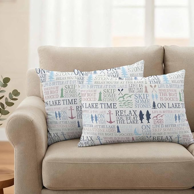Lake Life Outdoor Pillow Covers Set of 2 Colorful Word Pine Tree Boat Paddle Lighthouse Fish Waterproof Throw Pillow Cover Decorative Cushion Cases for Patio Porch Garden 20X12 Inch