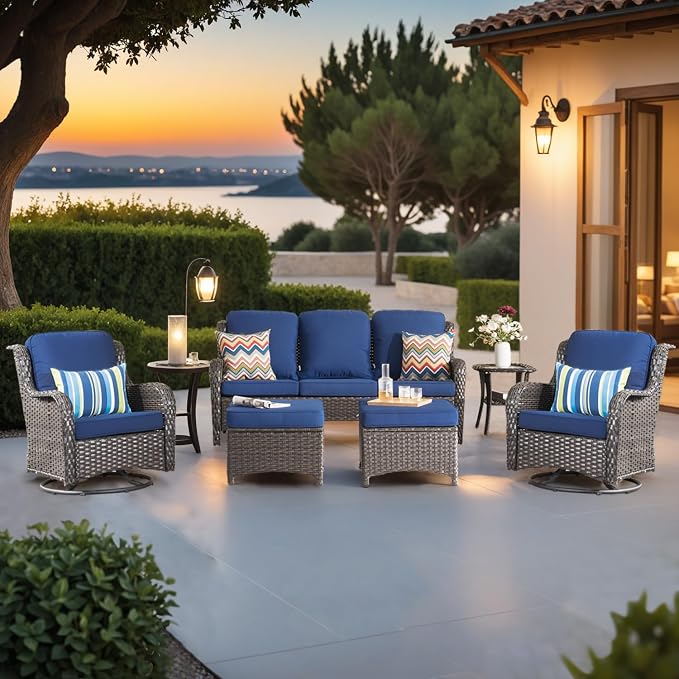 ovios 6-Pieces Patio Furniture Set, Outdoor Wicker Sofa Couch with Swivel Glider Chairs Comfy Cushions, High Back Modern Conversation Set, Brown Rattan, Navy Blue