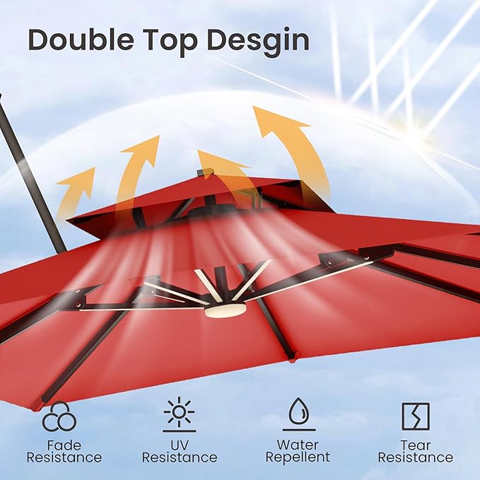 9x12 FT Cantilever Patio Umbrella with Base and Led Lights Double Top Outdoor Rectangular Large Heavy Duty Aluminum Offset Umbrellas with 7 Level Tilt 360-degree Rotation for Pool Garden Deck, Wine Red