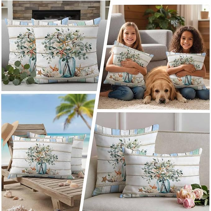 Green Eucalyptus Waterproof Outdoor Pillow Covers Set of 2 Home Decor, Botanical Floral Starfish in Vase Pillowcase Patio Pillow Covers for Couch Bench Furniture Garden 18x18in