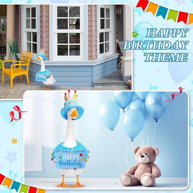 Happy Birthday Porch Goose Outfit Lawn Goose Cloth Costume for 23" Cement Plastic Patio Yard Statue Outdoor (Blue,Tutu Skirt)