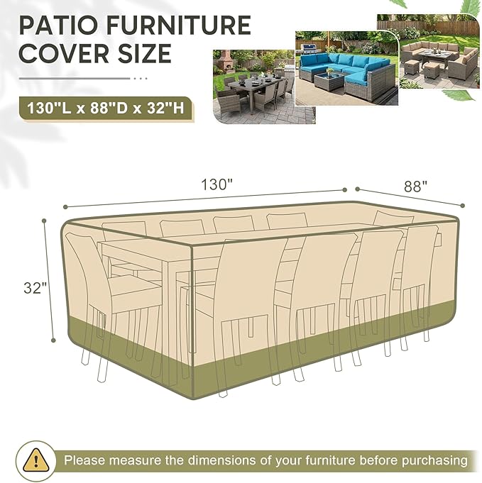 COWVIE Rectangular Outdoor Furniture Cover for Sectional Sofa Set, 600D Waterproof Patio Set Cover for Lawn General Purpose Table and Chairs, 130''L x 88''W x 32''H