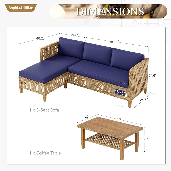 Sophia and William Wicker Patio Furniture Set, Boho Outdoor Conversation Set Rattan Sectional Sets with Acacia Wood Coffee Table for Garden, Porch, Deck(4 Seats, Navy Blue)