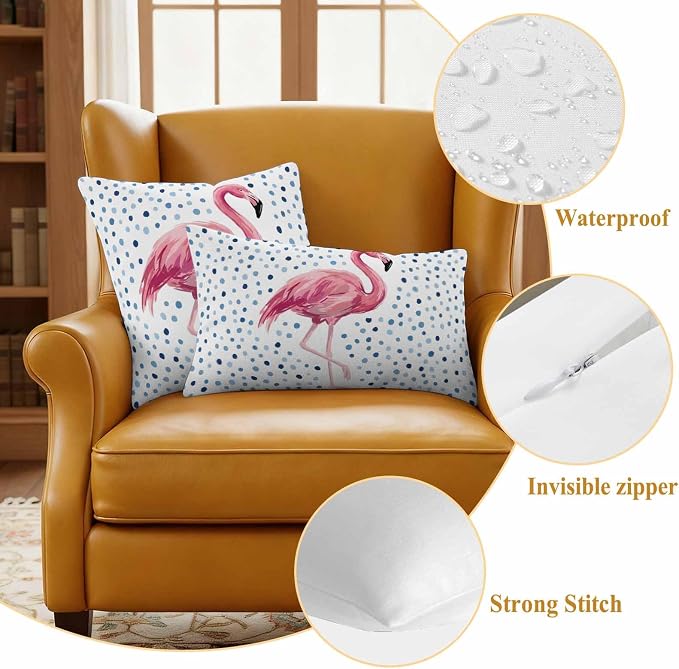 Flamingo Outdoor Waterproof Throw Pillow Covers 20 x 20 Inches Set of 2 Art Flamingo Blue Polka Dots Summer Tropical Decorative Cushion Cover Pillowcase for Garden Patio Tent Beach Sofa Couch