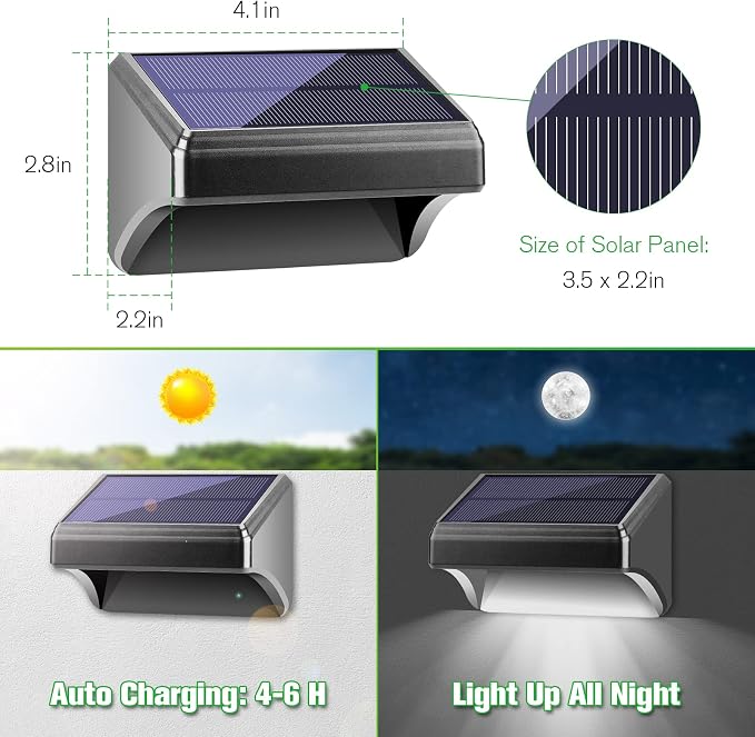 Bridika Solar Fence Lights Warm White & White, Solar Outdoor Wall Lights, Fence Solar Lights Outdoor Waterproof for Step, Backyard, Fence, Wall, Patio, Deck Railing, Stair (8 Pack)
