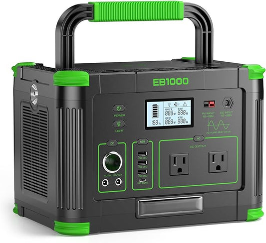 Portable Power Station 1000W, 999Wh Solar Generator, Pure Sine Wave AC Outlet with PD 60W USB-C Fast Charging, Outdoor Camping RV Van Home Backup Off-Grid Living