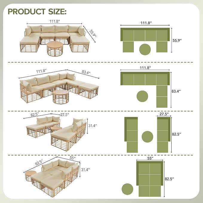 LUMISOL 7-Piece Rattan Patio Furniture Set, Boho Outdoor Conversation Set Sectional Sofa with Thick Cushions, Single Sofa Chairs, Ottomans & Coffee Table for Backyard & Garden, Brown