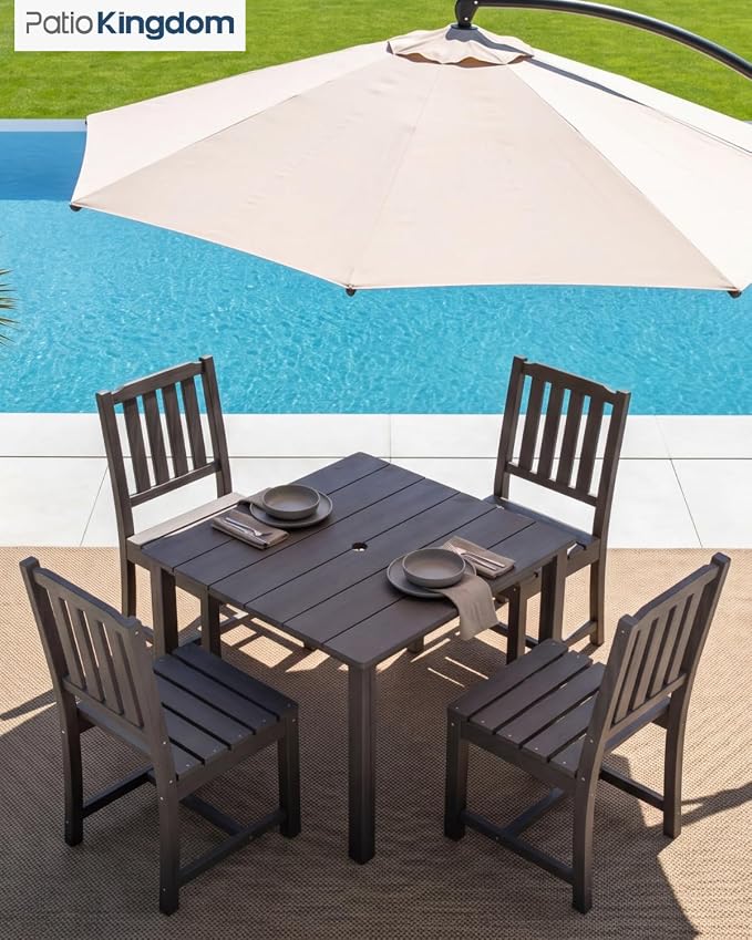 HDPE Outdoor Dining Set for 4, Square Table and Chairs, Grey | All-Weather HDPE, Wood Grain Finish, 42.5" Square Table, Built-In Umbrella Hole, Seats 4, Patio & Poolside Ready