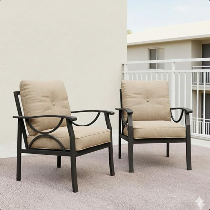 Hassyee 2 Pieces All-Weather Metal Outdoor Conversation Set with Coffee Table and Removable Cushions for Balcony, Patio Furniture Set with Modern Curved Design for Backyard, Lawn (2 Chairs)