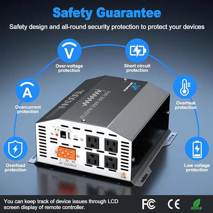 1500W Pure Sine Wave Inverter 12V DC to 110V/120V AC Converter, 3000W Peak, LCD Remote Control, 4 AC Outlets, USB & Type-C – for RV, Truck, Camping, Off-Grid Solar, Emergency Power