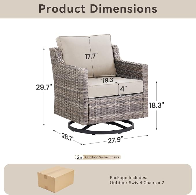 Outdoor Swivel Rocker Patio Chairs-High Back Wicker Swivel Rocker Patio Chairs Set of 2,PE Wicker Chair Patio Furniture Sets with Covered Cushions for Porch Balcony Patio Deck Grey/Beige