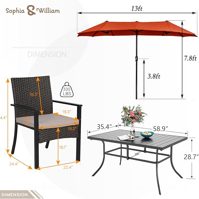 Sophia & William 7 Pieces Outdoor Dining Set with 13ft Red Patio Umbrella, Patio Metal Table and Rattan Chairs Set for 6 People, Patio Dining Set with Cushions & 1.6" Adjustable Umbrella Hole