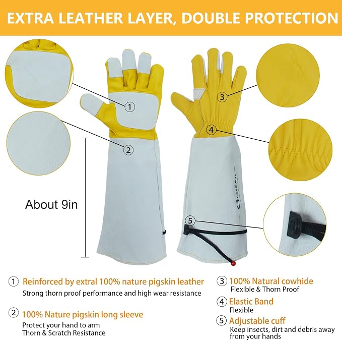Cactus Garden Gloves (Reforced-Thorn Puncture Proof), Long Leather, Women & Men, Heavy Duty- Great for Gardening, Rose Pruning, Cacti Trimming, Weeding, Pull Thistle, Plant (Medium)