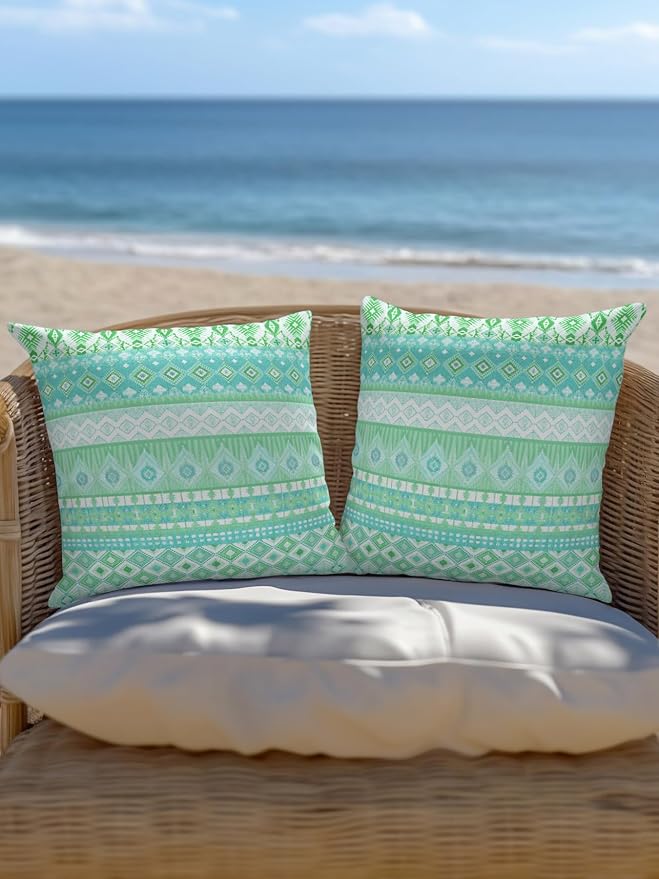 Waterproof Outdoor Pillow Set of 2 Teal Green Bohemian Decorative Throw Pillows Cover & Insert 18x18 Inch Pillowcase Boho Style Floral Leaves Geometric Pillows for Couch Sofa Bed Patio Furniture