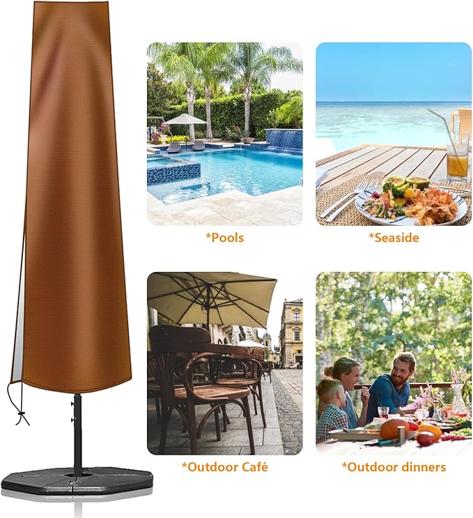 OKPOW Umbrella Cover 420D Oxford Fabric Patio Umbrella Covers Waterproof with Zip, for 9ft to 12ft Garden Outdoor Umbrella (Brown)