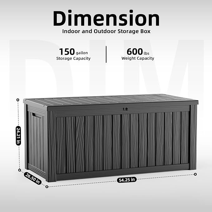 ROJIK 150 Gallon Waterproof Outdoor Deck Storage Box, Lockable Resin Patio Storage Bin with Lid for Garden Tools, Patio Cushions & Outdoor Accessories(Black)