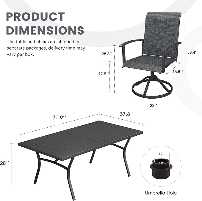 9 Pieces Outdoor Patio Dining Set, 70.9" All Weather Rectangle Metal Table with Umbrella Hole and 8 High Back Textilene Swivel Chairs for Garden, Lawn, Poolside, Black