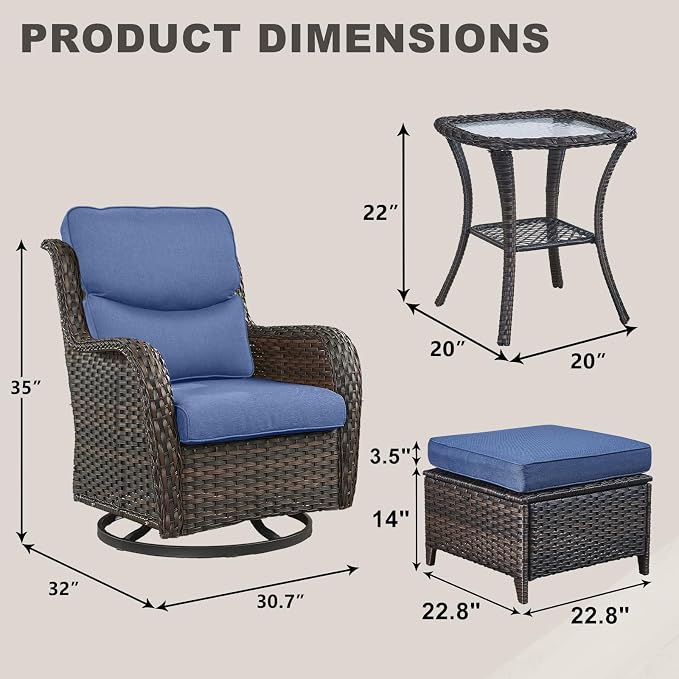 Rilyson Wicker Patio Furniture Set - 5 Piece Rattan Outdoor Sectional Conversation Sets with 2 Swivel Rocking Chairs,2 Ottomans and 1 Side Table for Porch Deck Garden(Brown/Blue/Smile)
