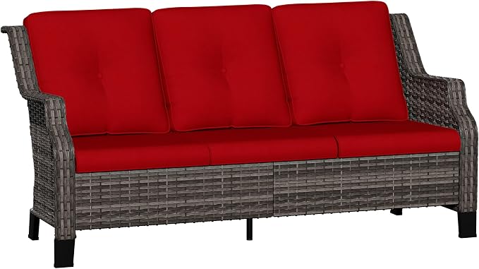 Outdoor Patio Sofa Wicker 3 Seater Sofa, Rattan Couch with Deep Seat and Olefin Cushions, High Backrest, All-Weather for Balcony, Deck, Backyard