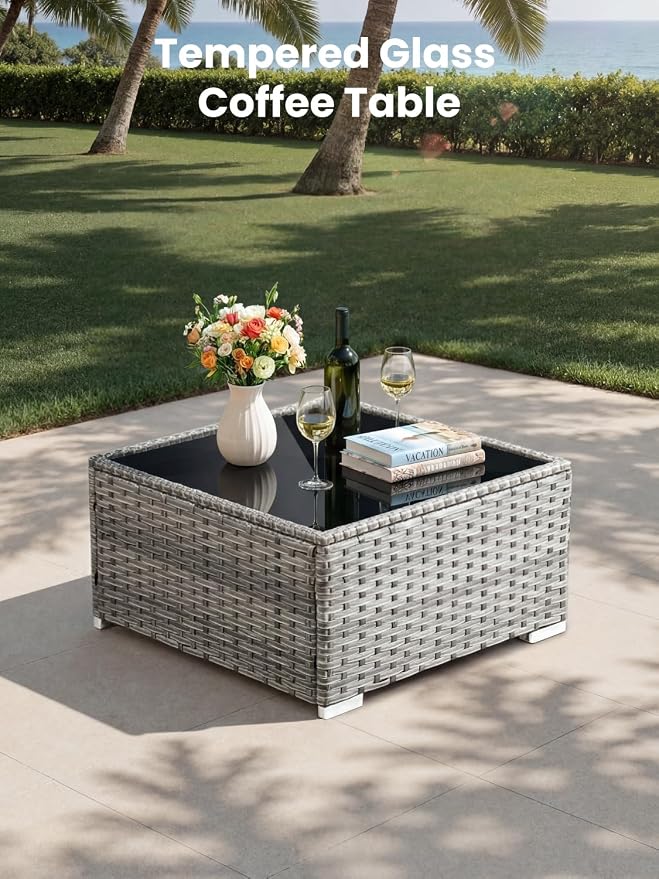 ovios Outdoor 8 Piece Patio Furniture Set with Fire Pit Table,Conversation Sectional Wicker Couch with Coffee Table,Modern Outside Sofa for Balcony Backyard, Grey