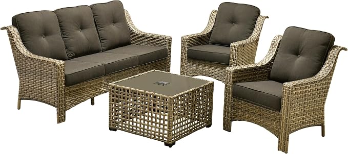 Outdoor Patio Furniture Sets, 4 PCS Patio Conversation Set Outside Rattan Sofa with Solar Light Coffee Table Comfy Cushions Fit Backyard Porch Garden Poolside Balcony,Black