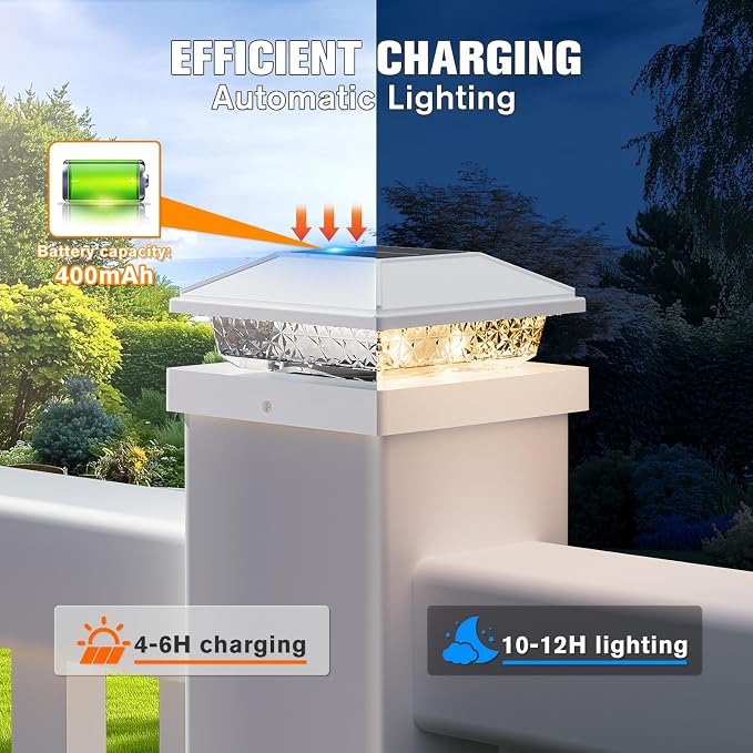 Solar Post Cap Lights,4x4 Post Solar Lights,Warm White,6 Pack White | Fence Post Solar Lights for 4x4 Post Caps Wood Vinyl &5x5 Vinyl Post,IP64 Waterproof Solar Post Lights Outdoor for Deck