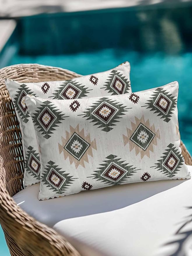 Waterproof Outdoor Pillow 1 Pack Sage Green Boho Aztec Decorative Throw Pillows Cover & Insert 20x12 Inch Lumbar Pillowcase Southwest Tribal Style Pillows for Couch Sofa Bed Patio Furniture