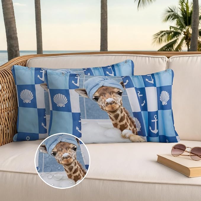 Bathing Giraffe Waterproof Outdoor Pillow Covers Set of 2 Home Decor, Funny Animal Showering Lumbar Pillowcase Patio Pillow Covers for Couch Bench Patio Furniture Garden 20x12in