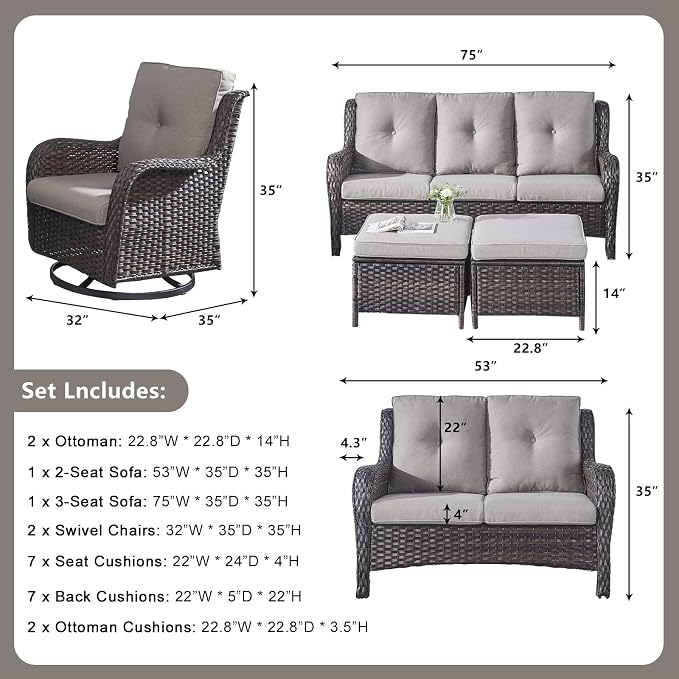 Rilyson Wicker Patio Furniture Set - 6 Piece Rattan Outdoor Sectional Conversation Sets with 2 Rocking Swivel Chairs,2 Ottomans,1 Sofa and 1 Loveseat for Porch Deck Garden(Brown/Grey)