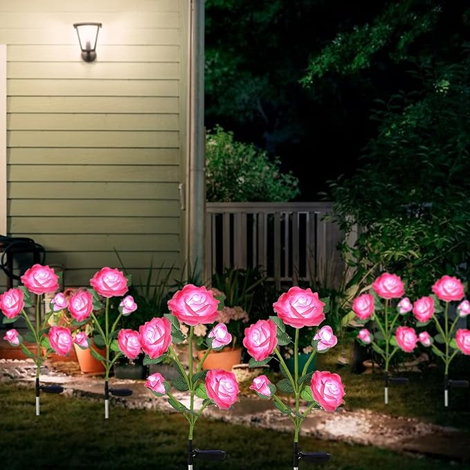 Solar Flower Lights Garden Decorations Outdoor Waterproof [Updated] 2 Packs 10 Pink Roses Solar Decorative Stake Lights for Patio Pathway Yard Lawn Decor Gifts