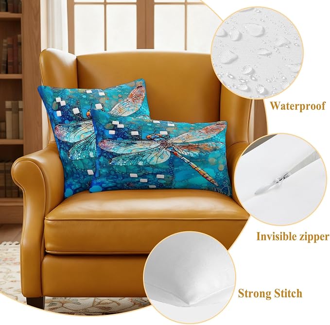 Blue Dragonfly Outdoor Pillow Covers Set of 2 Country Vintage Watercolor Dragonfly Wings Waterproof Throw Pillow Cover Decorative Cushion Cases for Patio Porch Garden 18X18 Inch