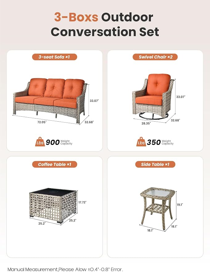 ovios 5 Piece Outdoor Patio Furniture with 3 Seat Sofa,Rattan Wicker Coversation Set with Swivel Rocking Chair,Balcony Sofa Set with Shiny Table for Outside Porch Backyard Pool, Red