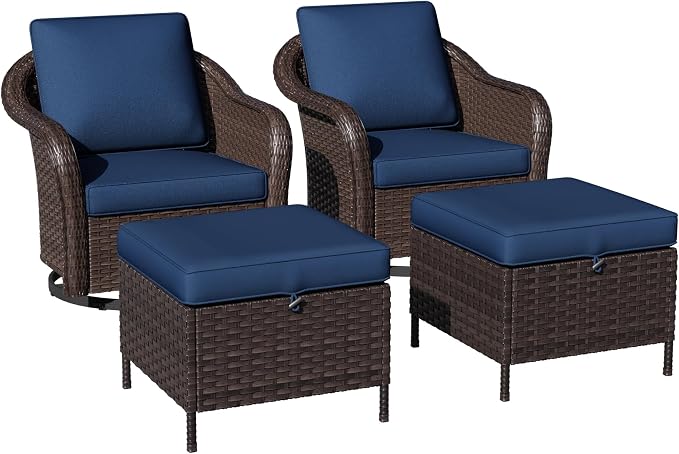 4 Piece Patio Wicker Conversation Set, 2 All-Weather Use Outdoor Wicker Swivel Chairs with 2 PE Rattan Ottomans,Ideal for Porch, Backyard, Balcony, Poolside, Blue