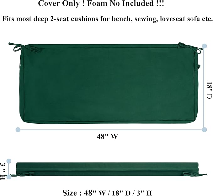FUNHOME Outdoor Bench Cushion Covers 48" x 18" x 3", No Insert! Patio Cushion Covers for Outdoor Furniture,Water Resistant Patio Bench Loveseat Cushion Covers 1 Pack, Dark Green (Covers ONLY)