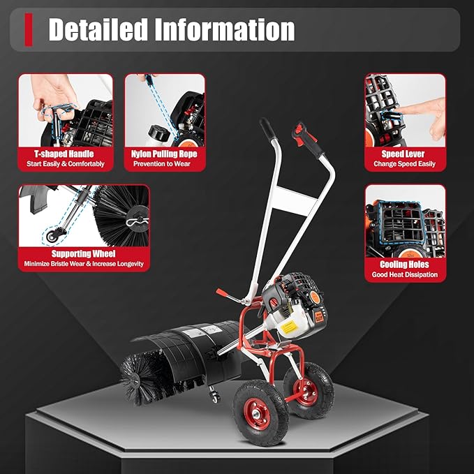 2 Stroke 2.5HP Gasoline Sweeper, Gas Power Broom Hand Held Snow Sweeper Machine Cleaning Brush Machine for Artificial Turf Park Garden Driveway