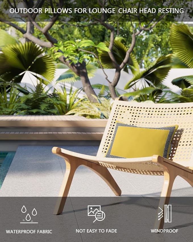 Outdoor Pillows Covers with Inserts Yellow Traditional Greek Key Meander Square Geometric Waterproof Pillow with Adjustable Strap Throw Pillows for Patio Furniture Lounge Chair, 11x16 Inch, 1PCS